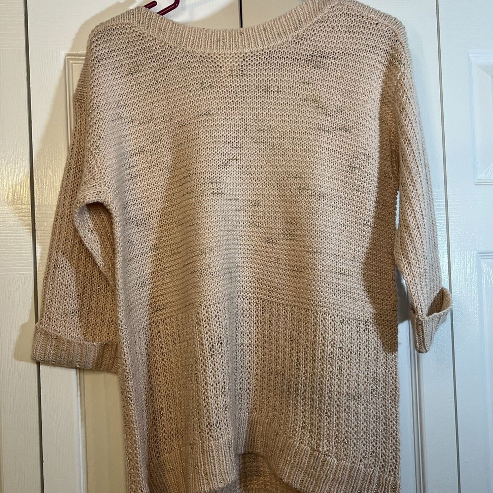 Chicos Sweater Size 1 Women's Blush Pink Long Chunky Knit Gold Metallic Pullover